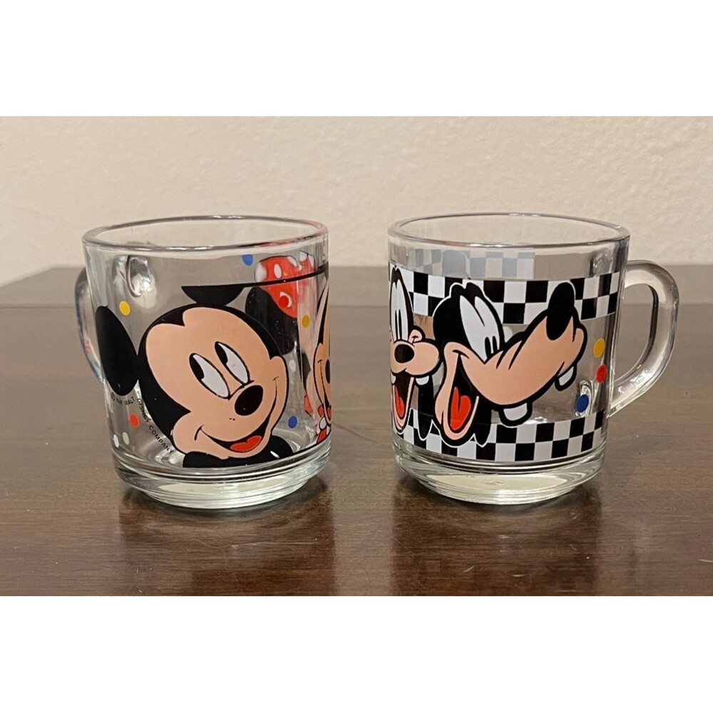 Anchor Hocking Disney Mickey/Minnie Mouse & Goofy Glass Coffee Mug 8 oz Vtg Lot
